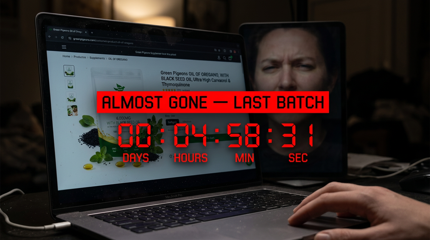 Laptop showing an aggressive 'Last Batch' countdown timer on a supplement page