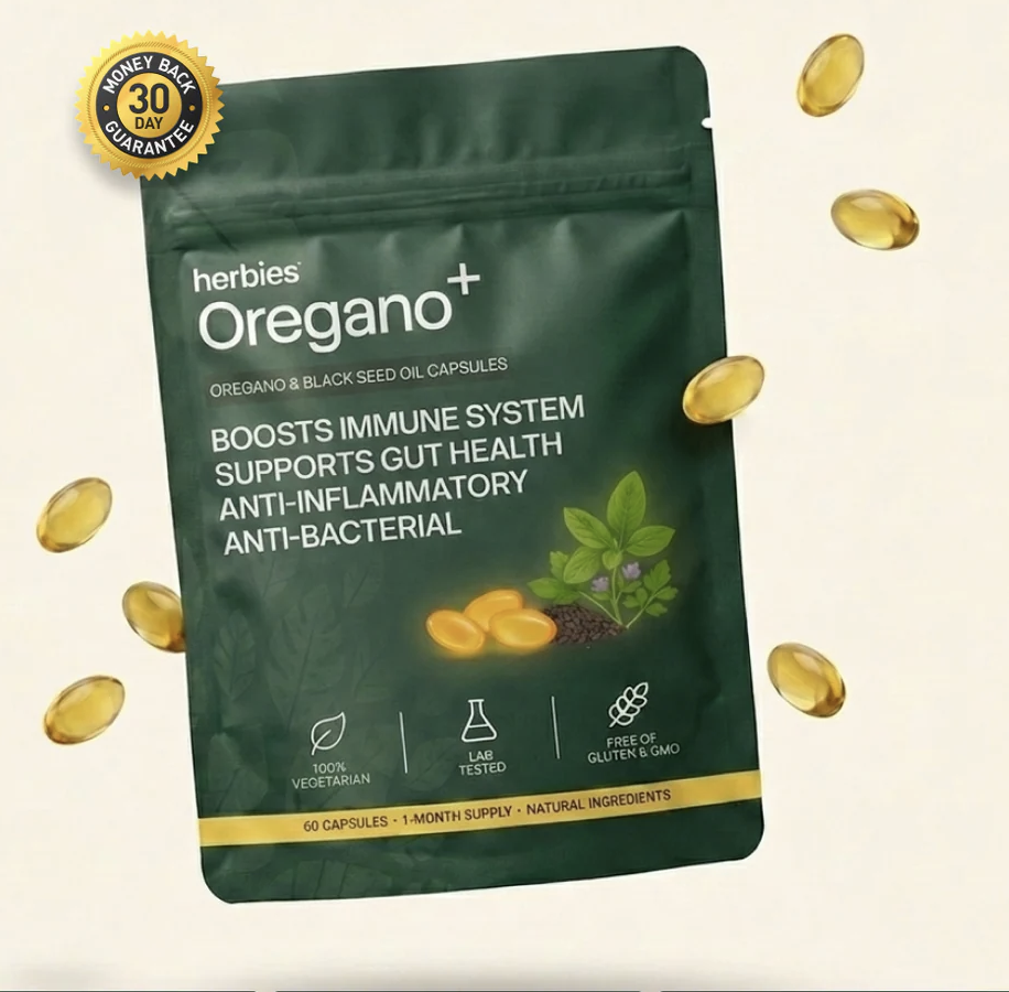 Herbies Oregano+ green pouch with capsules and 30-day money back guarantee badge