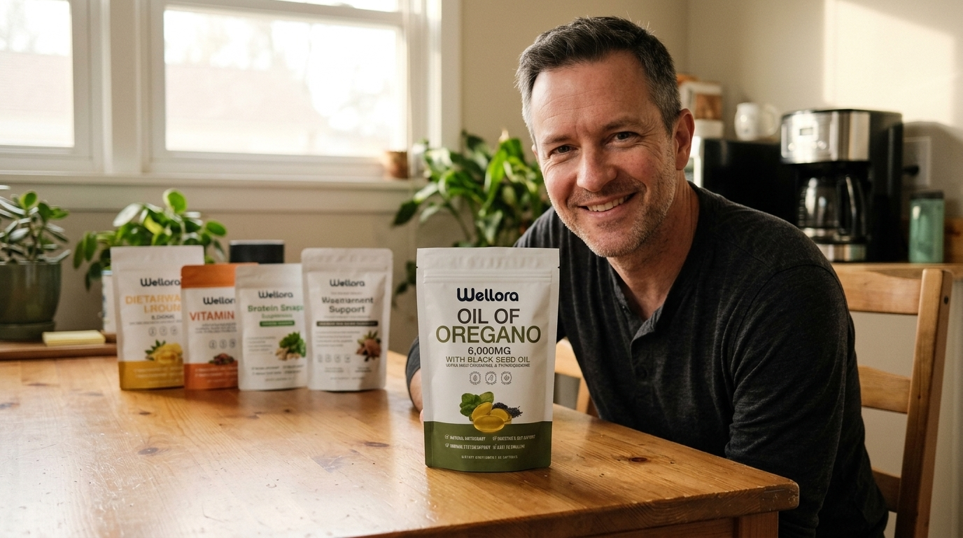 Mark at his kitchen table with the Wellora pouch and the other four pushed aside