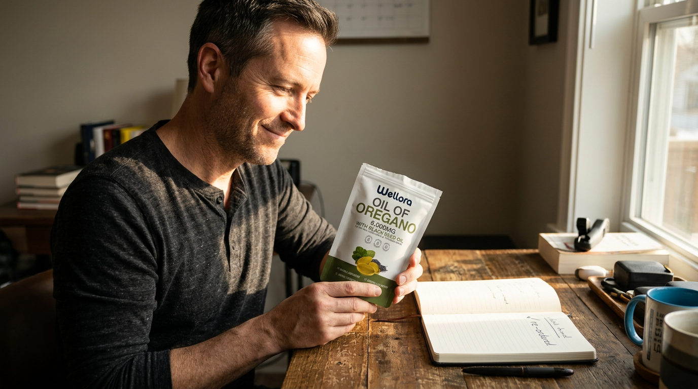 Mark smiling as he holds the Wellora Oil of Oregano pouch at his desk
