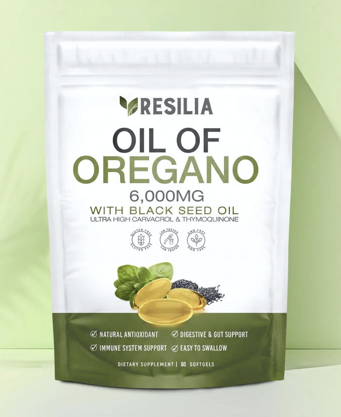 Resilia Oil of Oregano 6,000mg pouch with black seed oil and softgels