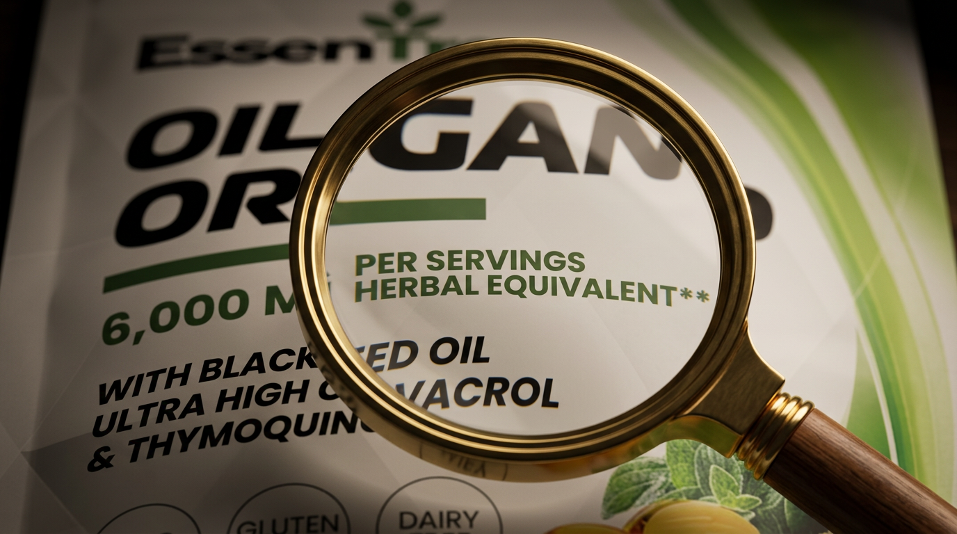 Magnifying glass over the asterisk on a supplement label