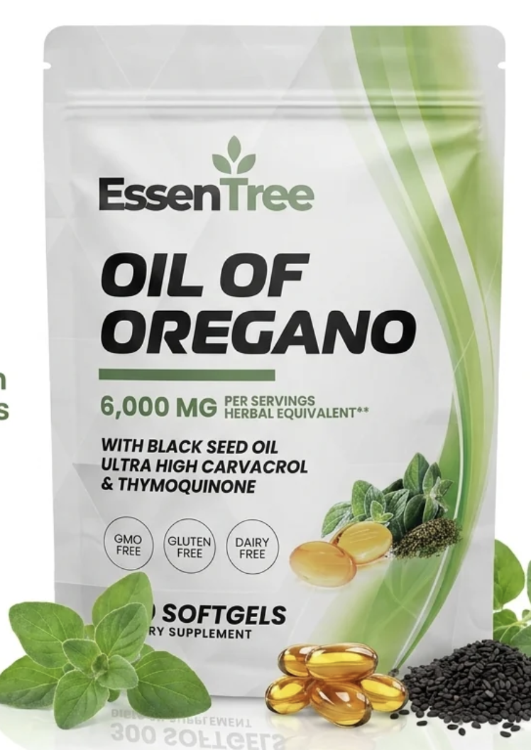 EssenTree Oil of Oregano 6,000mg pouch with black seed oil and softgels