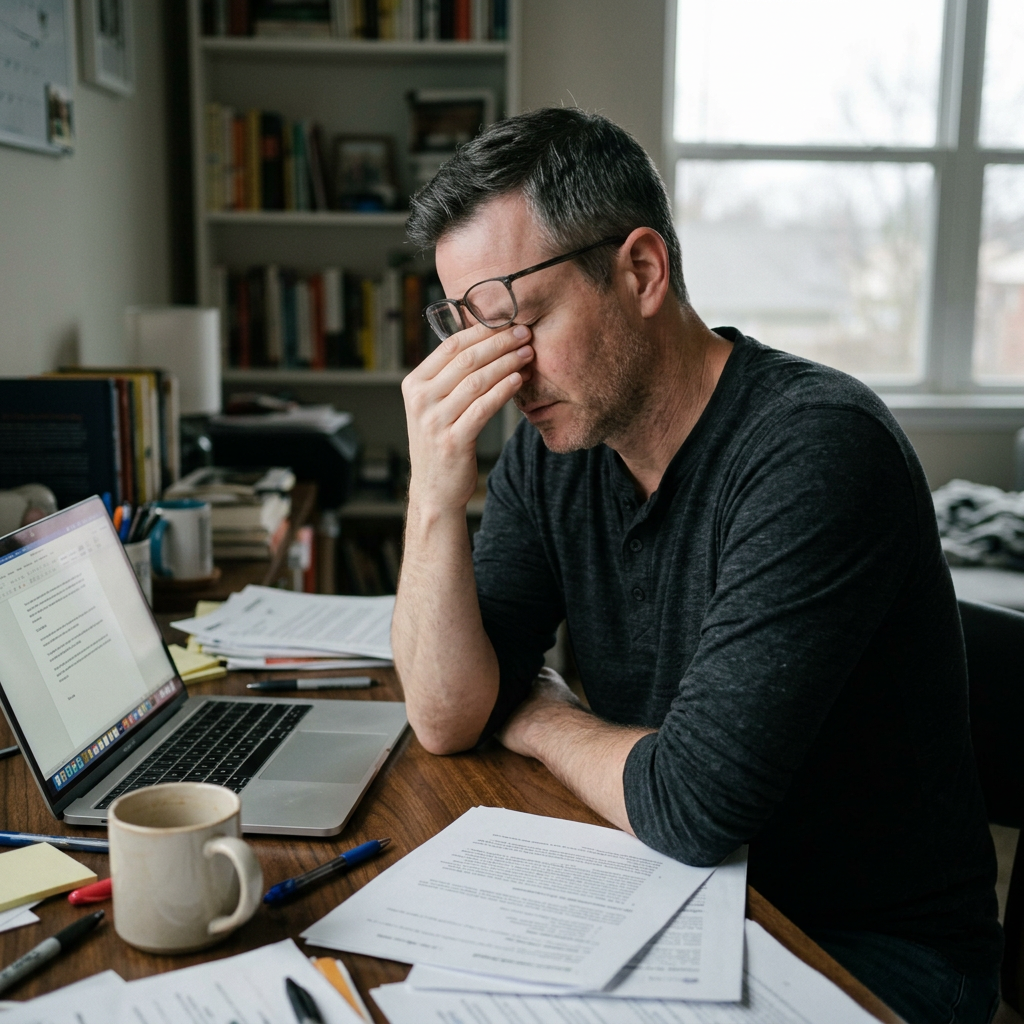 Mark looking stressed at his desk before feeling better