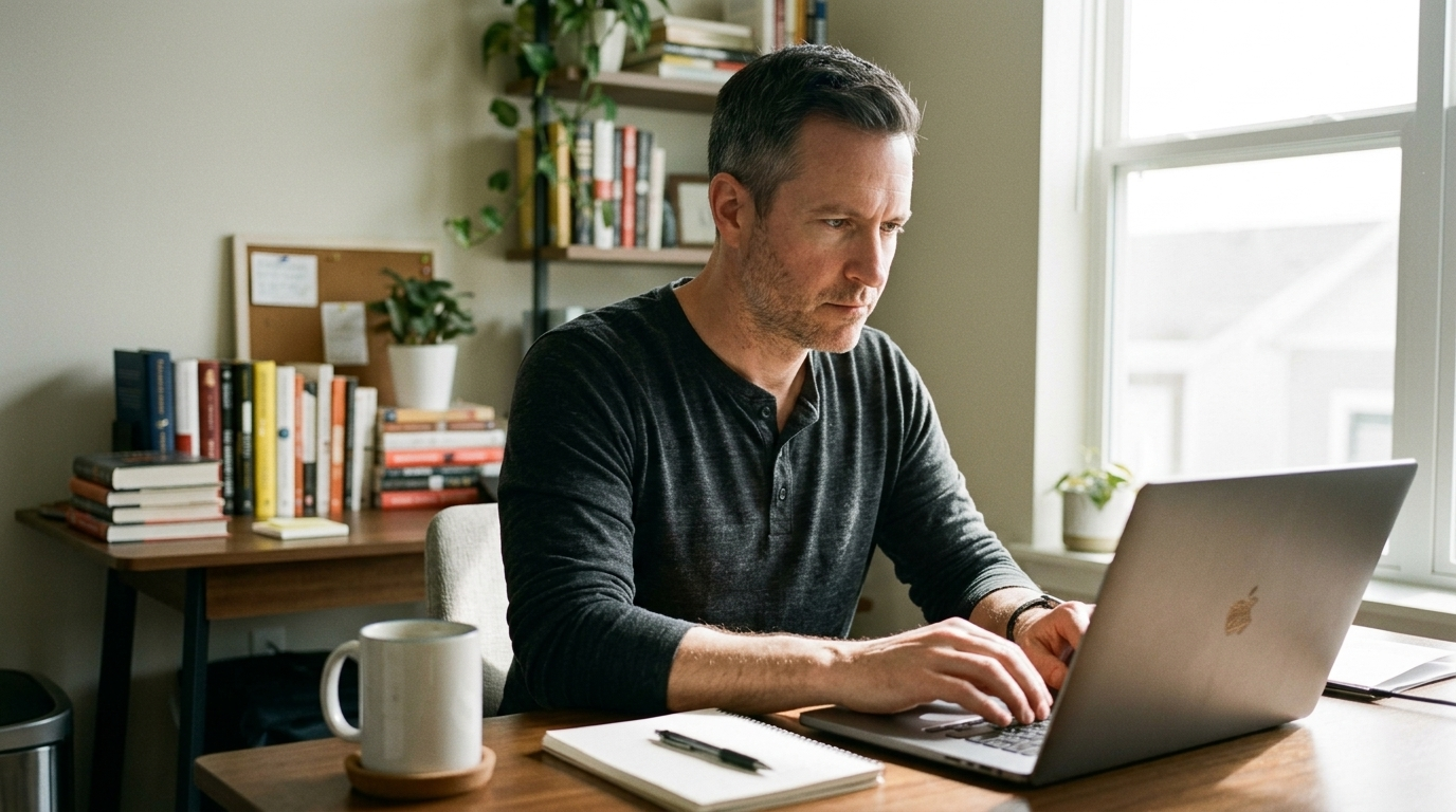 Mark working focused at his laptop in a calm home office