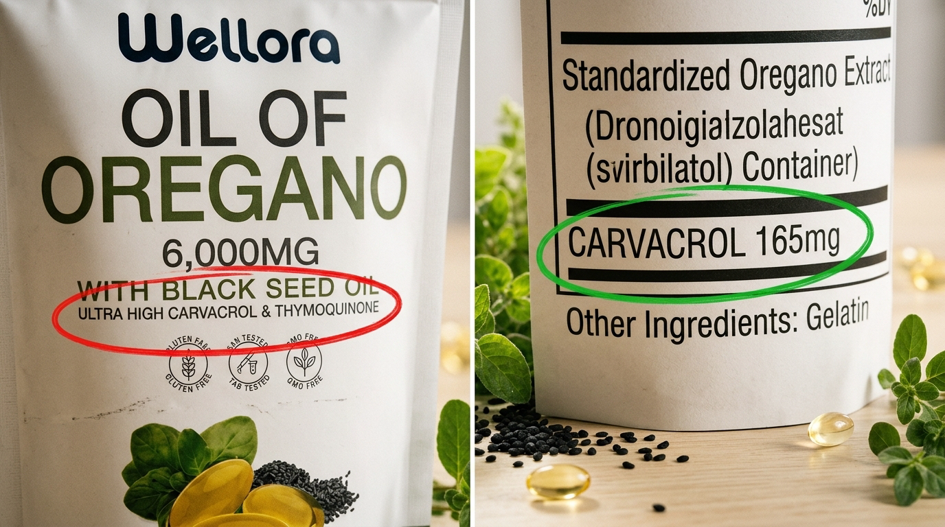 Vague 'ultra-high carvacrol' label next to a specific 'Carvacrol 165mg' label