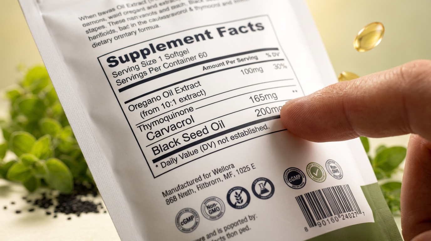 Close-up of Wellora label showing Carvacrol 165mg and Black Seed Oil 200mg
