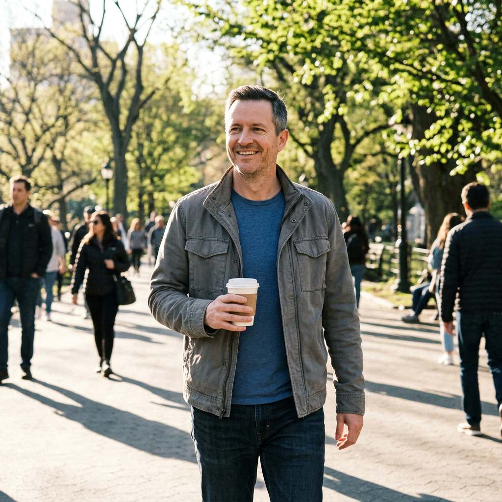 Mark smiling and relaxed walking through the park with coffee after feeling better