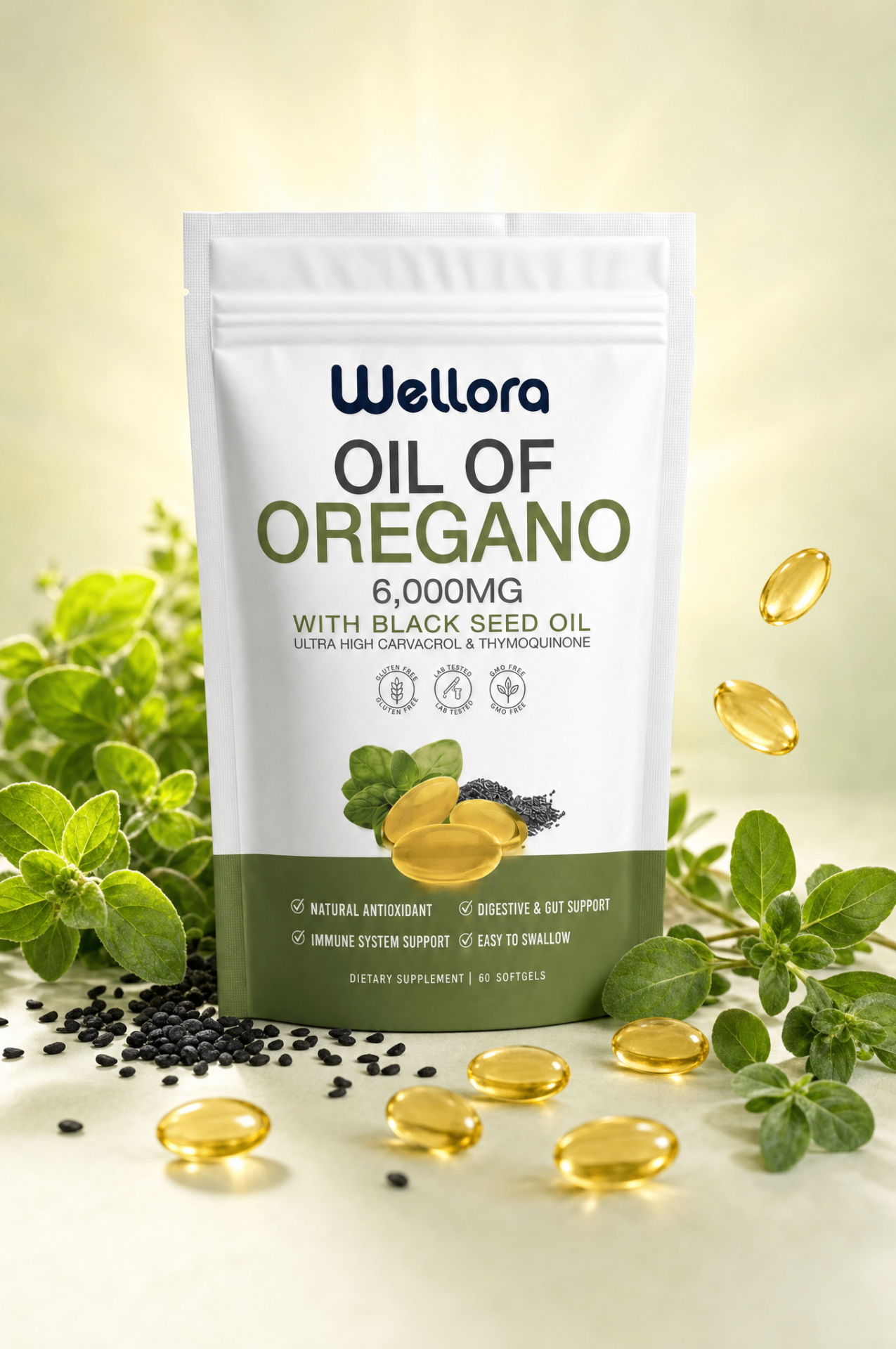 Wellora Oil of Oregano 6,000mg pouch with black seed oil, surrounded by fresh oregano leaves and golden softgels