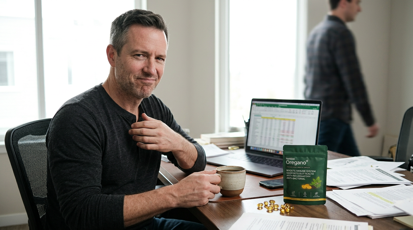 Mark at his desk with a wry expression and a hand near his chest