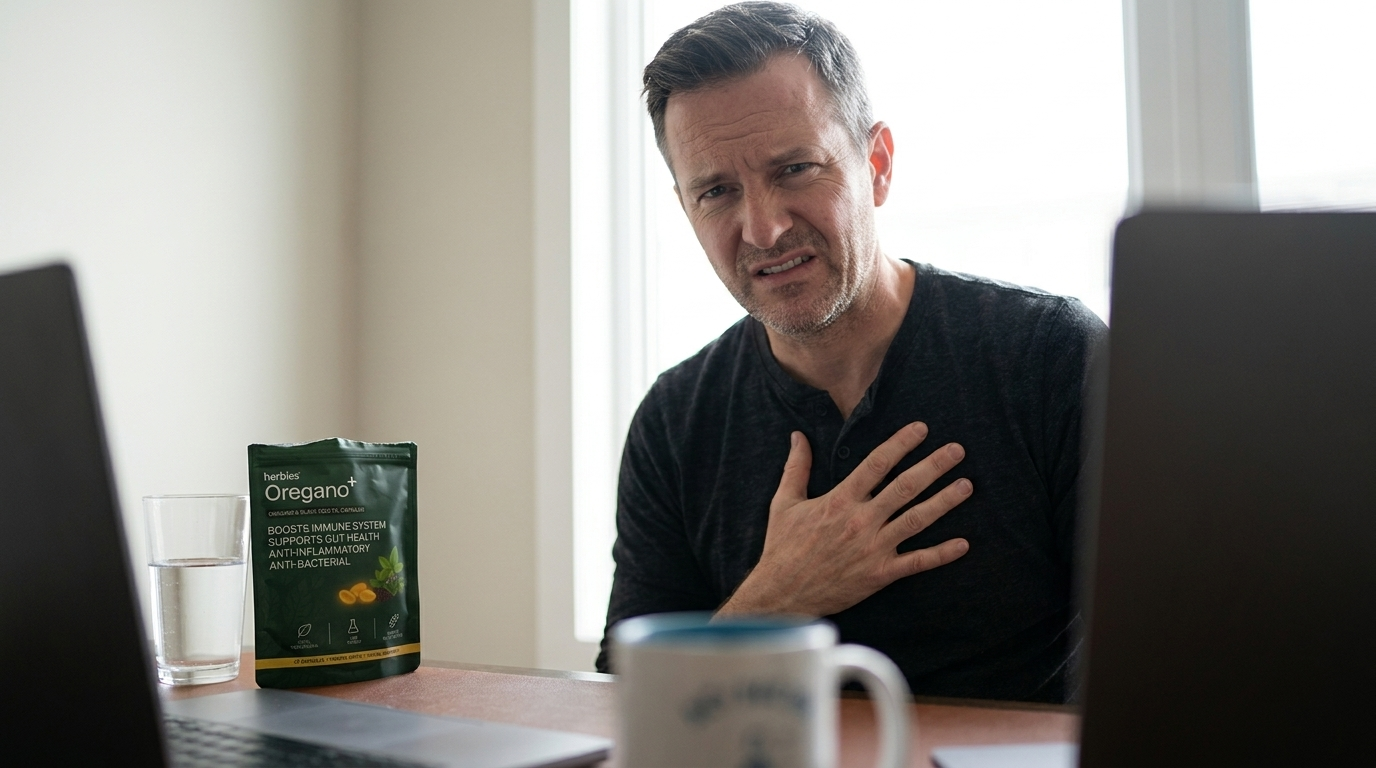 Mark skeptically eyeing the herbies Oregano+ pouch during a video call