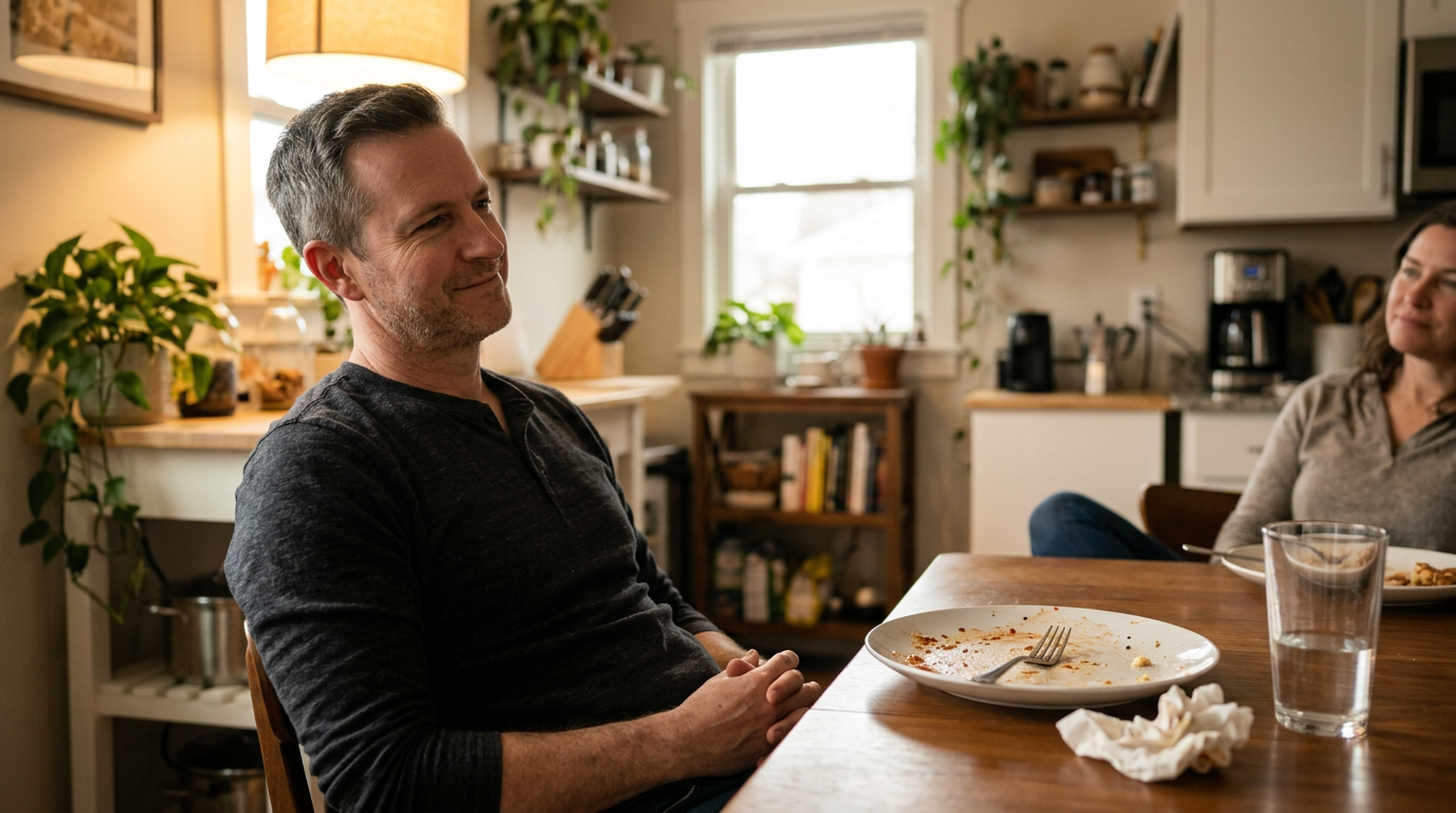 Mark looking comfortable after a meal in his kitchen