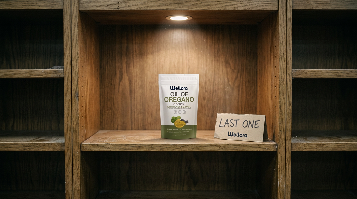 Nearly empty shelf with one Wellora pouch under a soft spotlight