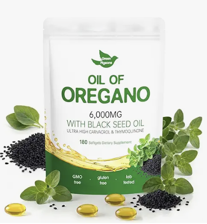 Green Pigeons Oil of Oregano 6,000mg pouch with black seed oil and softgels