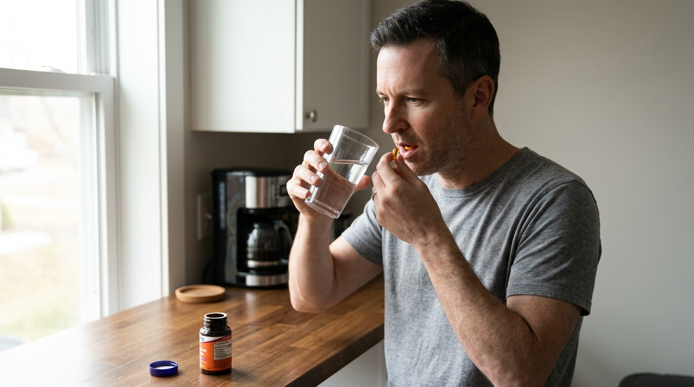 Mark taking a softgel with a glass of water in his kitchen